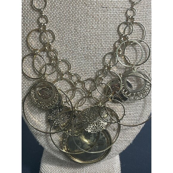 Gold Tone Circular Dangle Necklace With Intricate Design & Adjustable Clasp - Picture 3 of 5